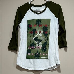 Hurley Olive and White Graphic Raglan Tee